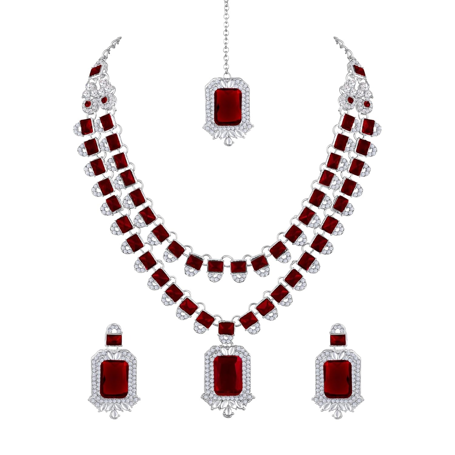 Atasi International Double Layer Traditional Stylish Necklace Set WIth Earrings and Maangtikka for Women/Girls - Jewellery for Party, Wedding, and Festive Occasions, Ideal for Gifting