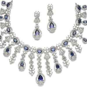 ZENEME Rhodium-Plated American Diamond Studded Teardrop Tasselled Necklace With Earrings Jewellery Set For Girls and Women
