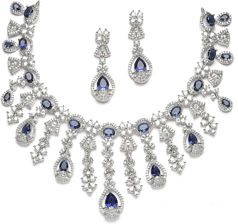 ZENEME Rhodium-Plated American Diamond Studded Teardrop Tasselled Necklace With Earrings Jewellery Set For Girls and Women