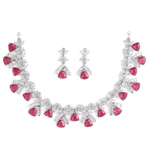 ZENEME Rhodium Plated Contemporary Design White and Pink American Diamond Studded Triangular Necklace With Earring Fashion Jewellery Set For Girls and Women