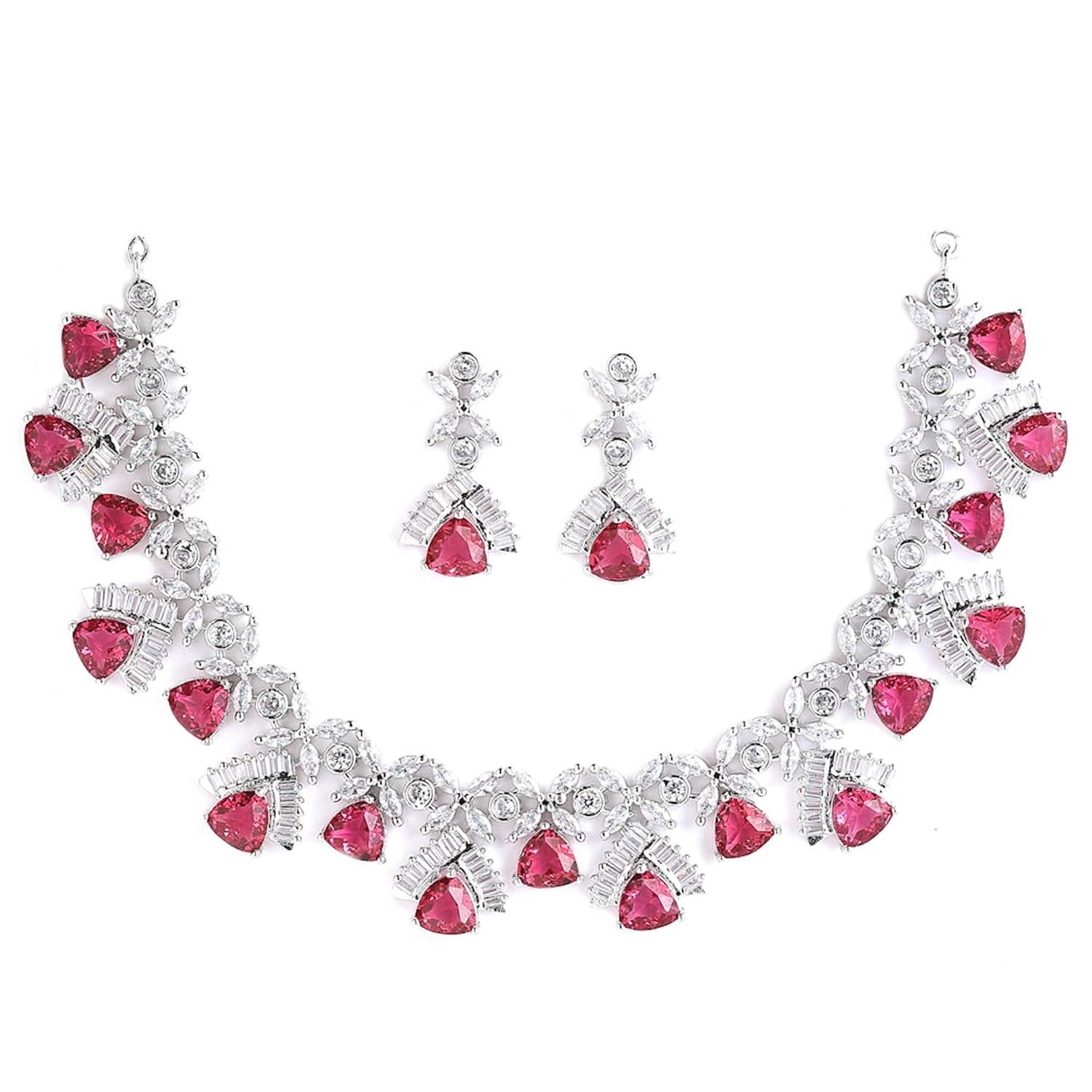 ZENEME Rhodium Plated Contemporary Design White and Pink American Diamond Studded Triangular Necklace With Earring Fashion Jewellery Set For Girls and Women