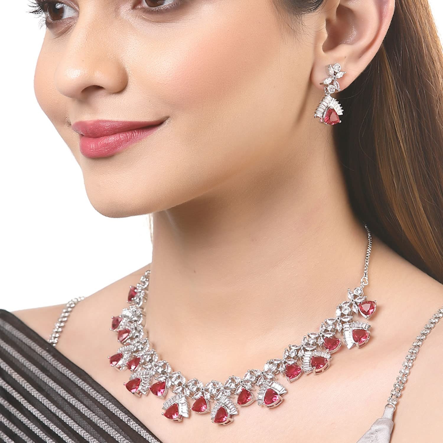 ZENEME Rhodium Plated Contemporary Design White and Pink American Diamond Studded Triangular Necklace With Earring Fashion Jewellery Set For Girls and Women - Image 3