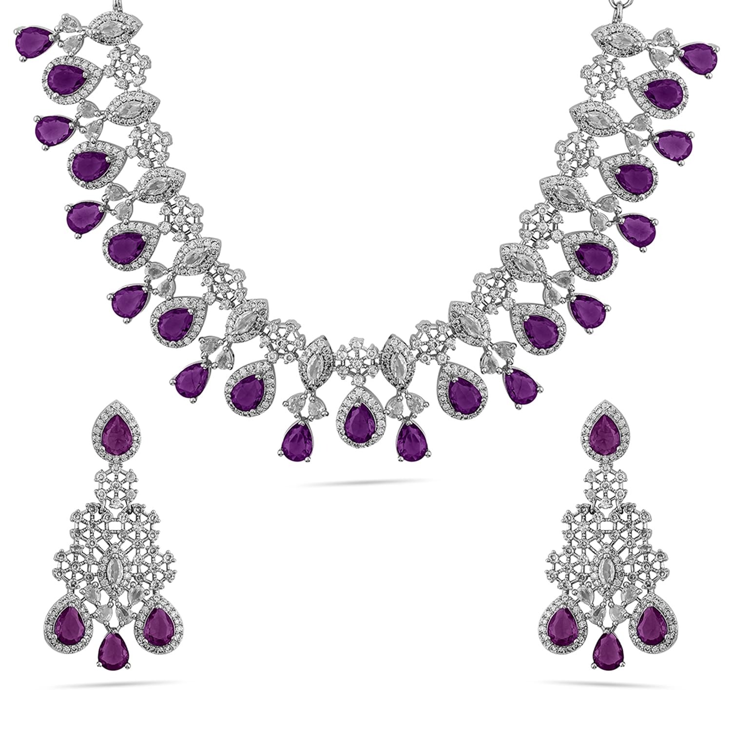 Rubans Necklace Set Rhodium Plated American Diamomd Studded Stylish Jewellery Gift for Women & Girls