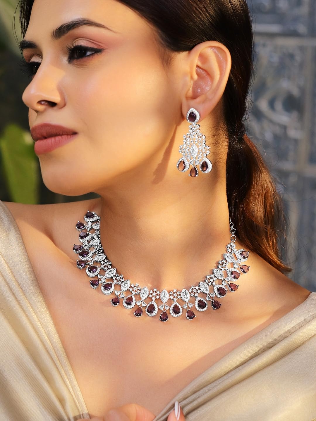 Rubans Necklace Set Rhodium Plated American Diamomd Studded Stylish Jewellery Gift for Women & Girls - Image 2