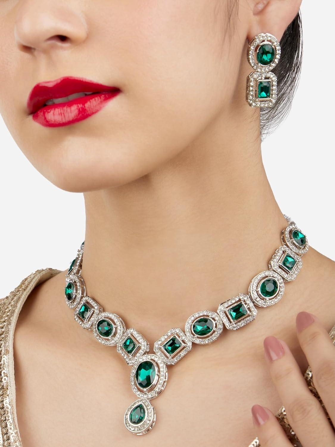ZAVERI PEARLS Green Stones & Dazzling Austrian Diamonds Embellished Necklace & Earring Set For Women-ZPFK17196 - Image 4
