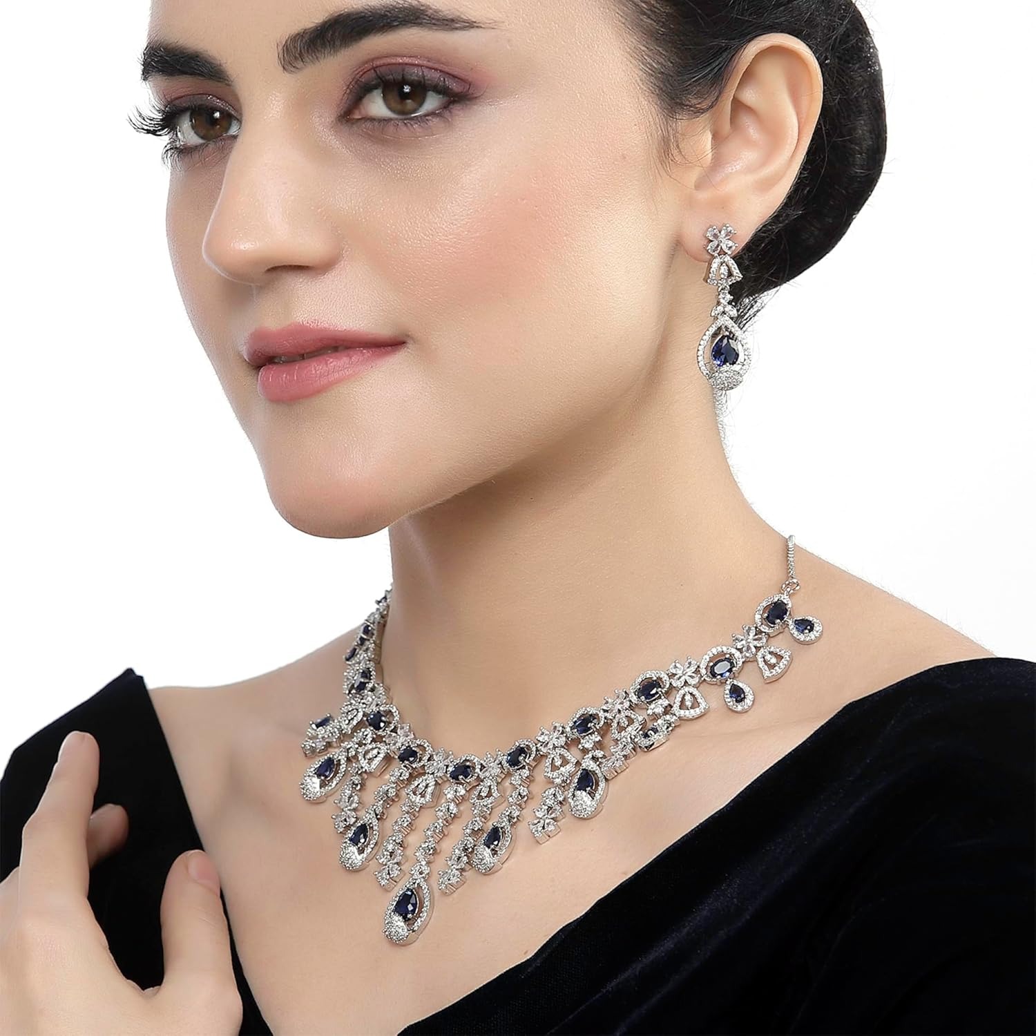 ZENEME Rhodium-Plated American Diamond Studded Teardrop Tasselled Necklace With Earrings Jewellery Set For Girls and Women - Image 4