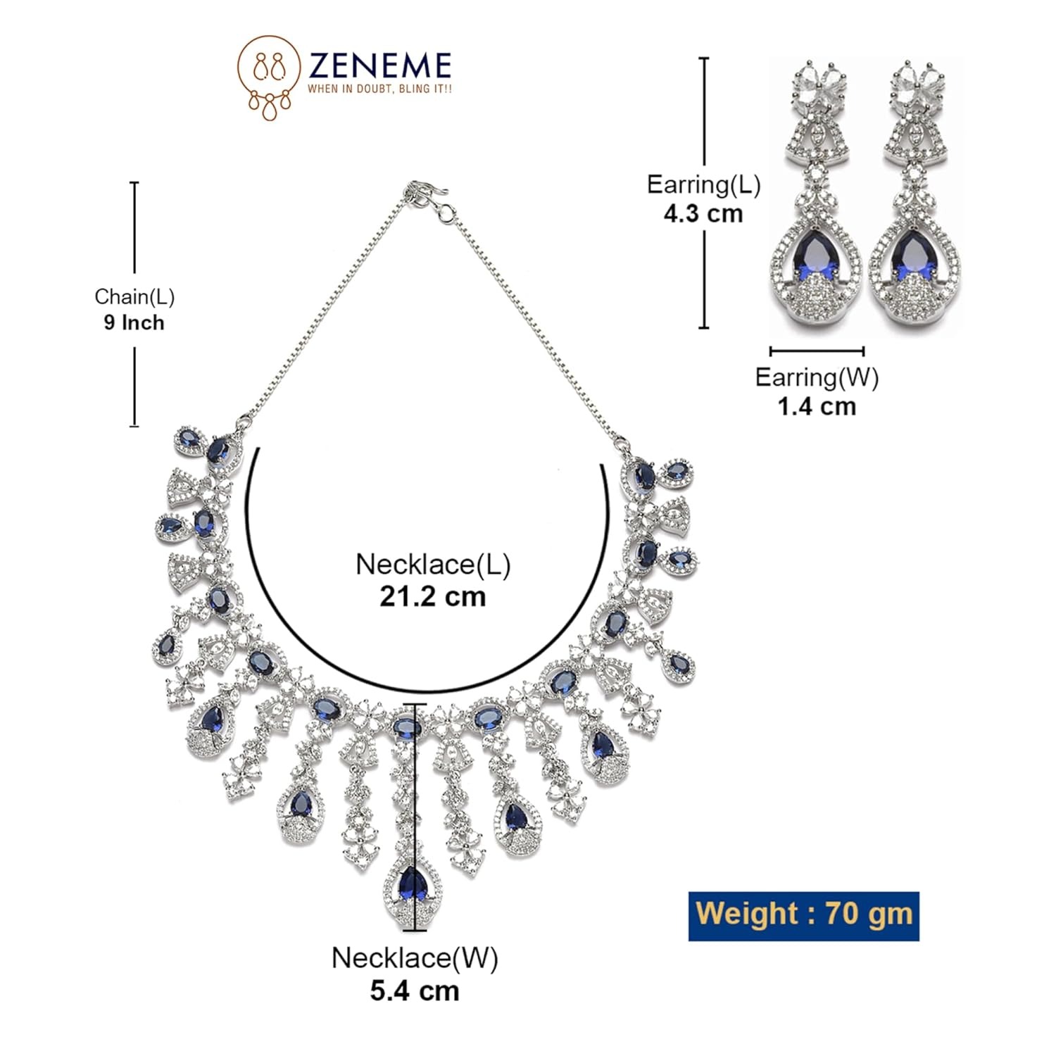ZENEME Rhodium-Plated American Diamond Studded Teardrop Tasselled Necklace With Earrings Jewellery Set For Girls and Women - Image 3