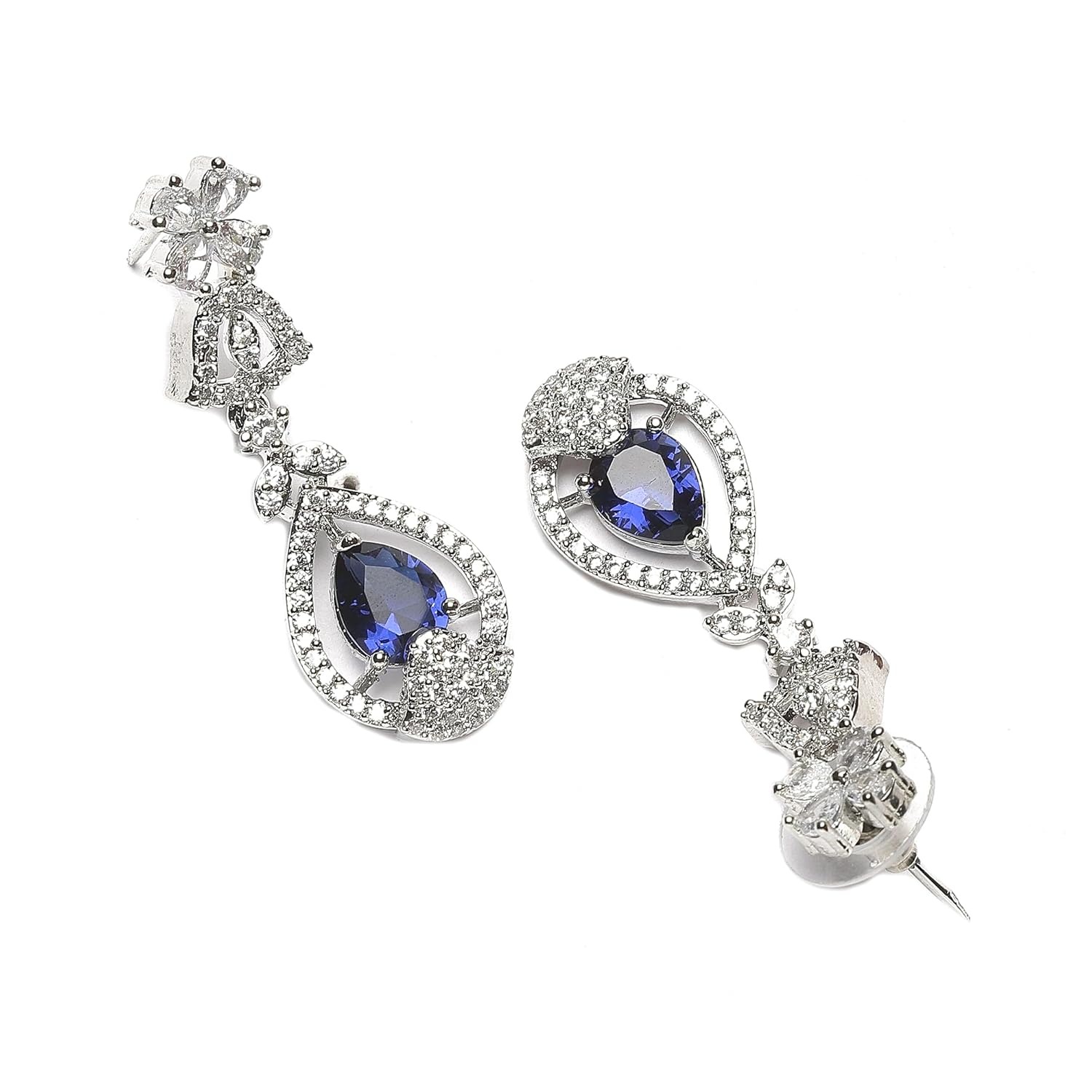 ZENEME Rhodium-Plated American Diamond Studded Teardrop Tasselled Necklace With Earrings Jewellery Set For Girls and Women - Image 2